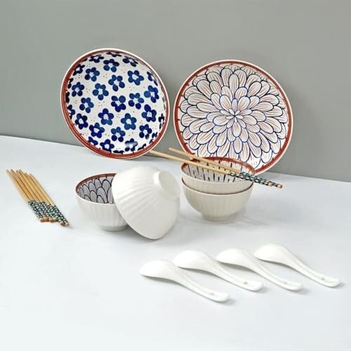 Amazon Brand - Solimo Ceramic Bowl with Plate & Spoon & Chopstick Set, Set of 14 pcs set