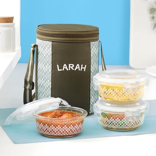 Gracia Borosilicate Glass Lunchbox with Bag | 3pc Round Container Set (400 ml Each) 