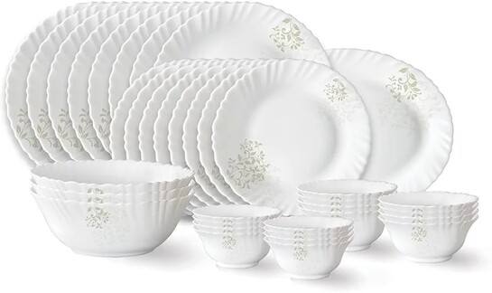 Larah by Borosil Ingot Fluted Series Opalware Dinner Set | 36 Pieces for Family of 8