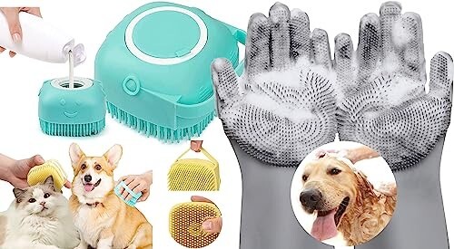 Deriz 1 pair of silicon dog bathing hand gloves + Pet Dog Bath Brush Soft Silicone Dog Shampoo Brush