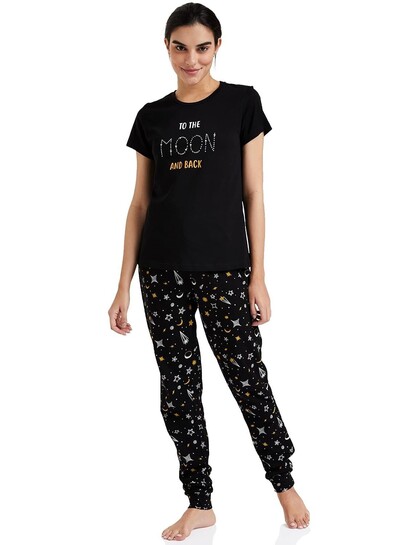 Amazon Brand - Symbol Women Cotton T-Shirt and Jogger Night Suit | Two Piece Set| Regular Fit (Available in Plus Sizes)