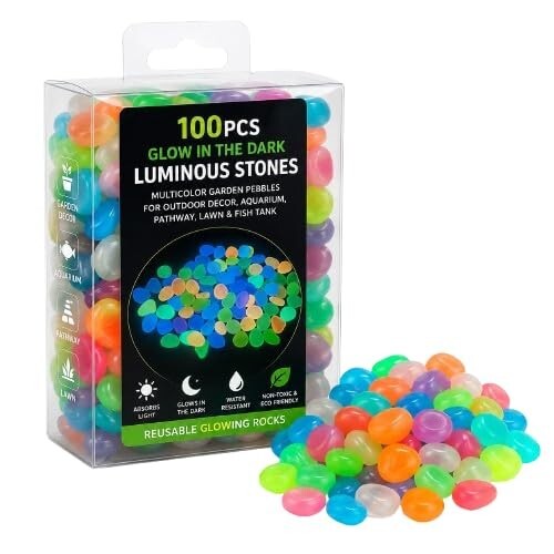 100PCS Glow in The Dark Luminous Stones – Multicolor Garden Pebbles for Outdoor Decor, Aquarium, Pathway, Lawn & Fish Tank | Reusable Glowing Rocks (Mix Colors)