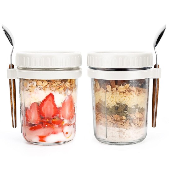 PFUM Glass Overnight Oats Jars 16oz Pack of 2 | Airtight | Spoon and Lid | Measurement Marks