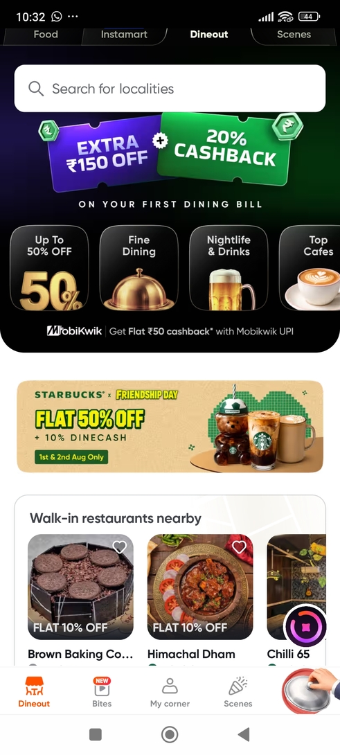 Starbucks 50% off  swiggy dineout