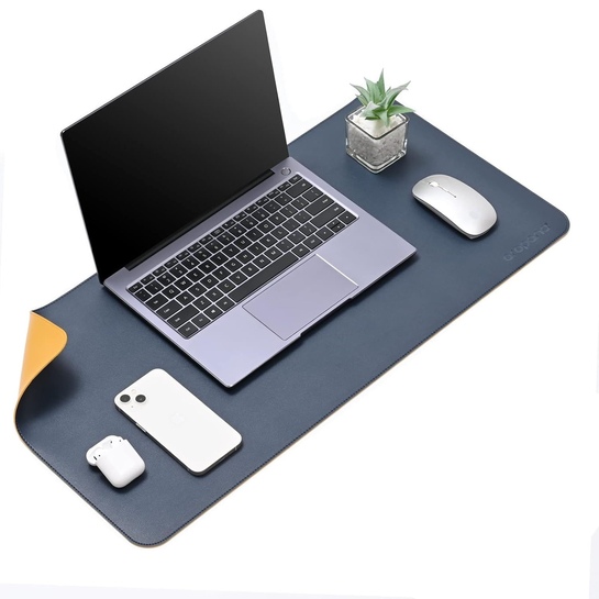AROPANA Vegan Leather Desk Mat 70x35cm | Reversible Mouse Pad | Waterproof | Navy Blue Yellow