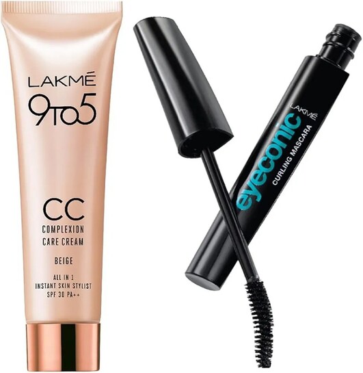 Lakme Eyeconic Curling Mascara, Black 9 ml & Lakme 9 to 5 CC Cream Mini, 01-9 g