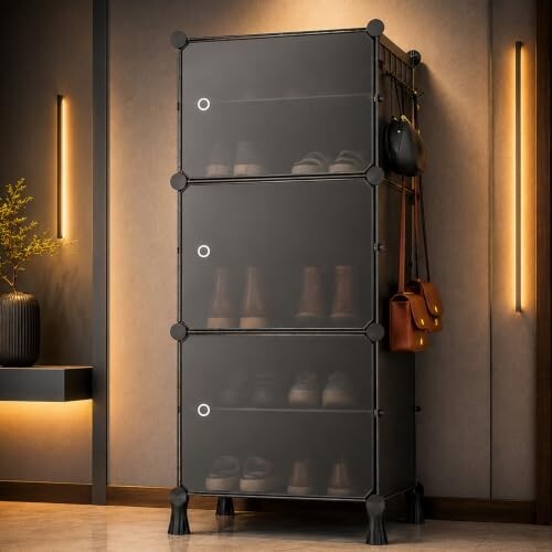 AYSIS Premium Foldable Plastic Shoe Rack for Home,    , Magnets, 5 Hook Steel Holder, Shoe Organizer, Portable Space Saving Storage for Entryway, Bedroom & Living Room, Black