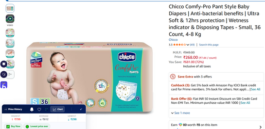 Chicco Pant Style Baby Diapers  Small, 36 Count, 4-8 Kg