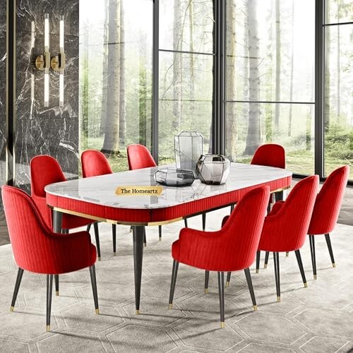 8-Seater Modern Wooden Dining Table Set | 2 Year Warranty | Created Italian Statuario Marble Top | Elegant Composite Marble Table with 8 Chairs (Maroon)