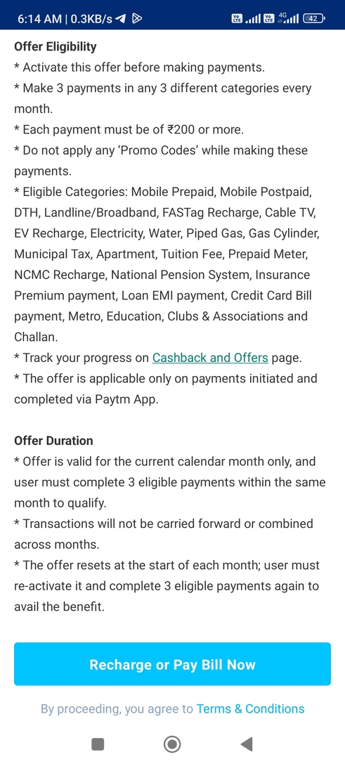 Get 10000 gold coins on payment of 3 bills and recharge from different categories 
