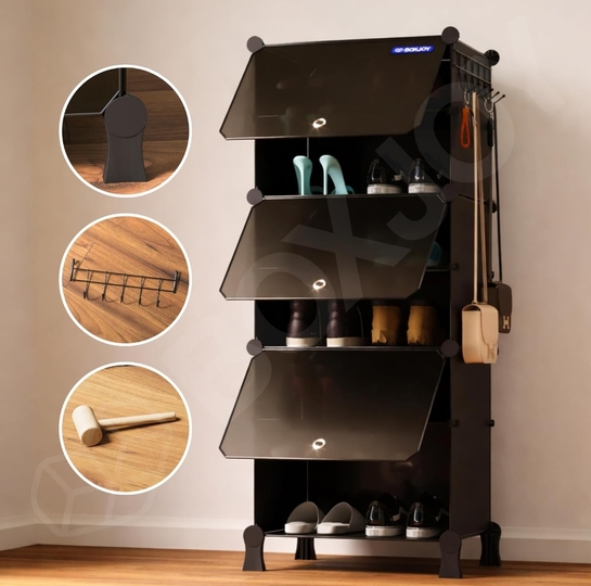 BOXJOY 6 Shelf Black Shoe Rack with 3 Doors, 5 Hook Steel Holder & Wooden Hammer Home Storage PP Plastic Organizer with Metal Door Frame and Foots for Chappal Slipper Sandals Shoes Box Stand