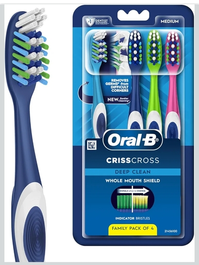 Oral-B Criss Cross Deep Clean Medium Bristles Manual Toothbrush For Adults,Tongue Cleaner, Multicolour Tooth Brush Set, Oral B Dentist Recommended Brand (Family Pack of 4)