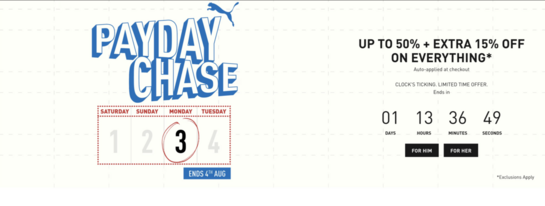 Puma - PAYDAY CHASE  Upto 50% Off + EXTRA 15% OFF ON EVERYTHING