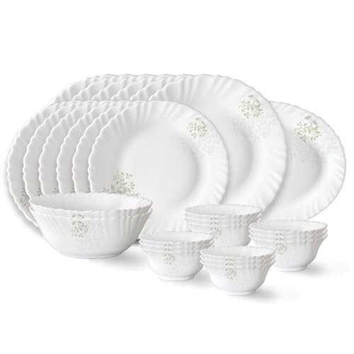 Larah by Borosil Ingot Fluted Series Opalware Dinner Set | 27 Pieces for Family of 6 | Plates & Bowls | White