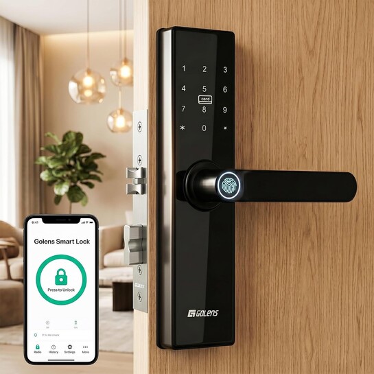 Golens X3N Smart Door Lock Black | 8-in-1 Keyless Digital Door Lock with WiFi & Bluetooth | Fingerprint, PIN, RFID Card, OTP, Mobile App & Mechanical Key | Biometric Smart Lock for Wooden Main Door