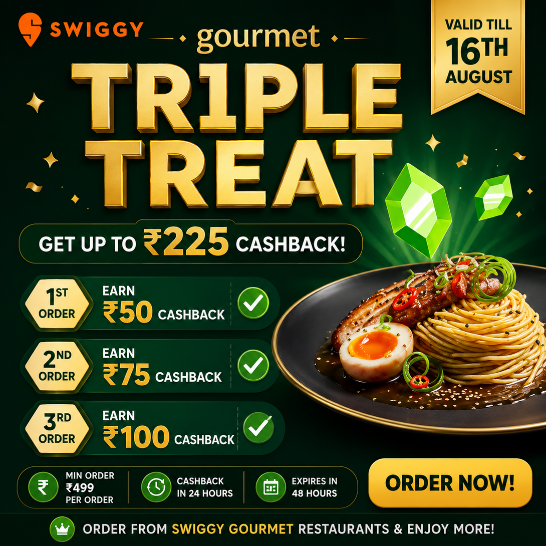 Swiggy Gourmet : Up to ₹225 Cashback on 3 Orders