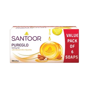 Santoor PureGlo Glycerine Bathing Bar Soap with Almond Oil for Nourished & Glowing Skin (6 x 125 g)