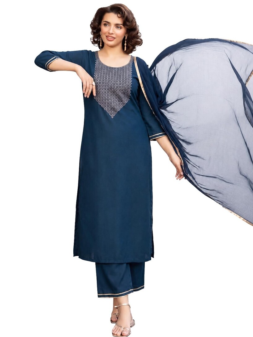 ANNI Designer Women's Ruby Cotton Embroidered Straight Solid Kurta with Palazzo and Dupatta Set | Elegant Ethnic Kurta 