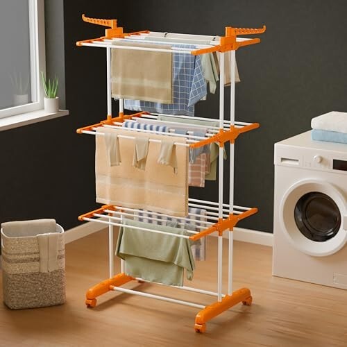 Happer Premium Clothes Stand for Drying with Wheels | Portable | 3 Layer Rack for Balcony (Orange | Prince Jumbo)