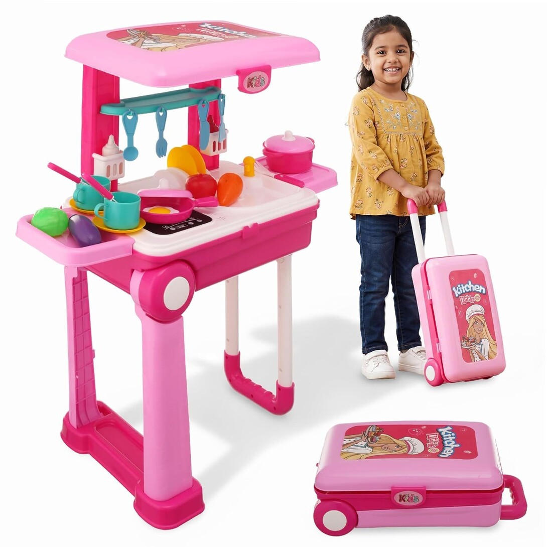 [Gift Idea]  Kitchen Play Set for Kids 3–8 Yrs | Light & Sound Portable Suitcase Toy Kitchen | 28 Pieces Pretend Cooking Accessories, Stove, Pots, Pans & Play Food