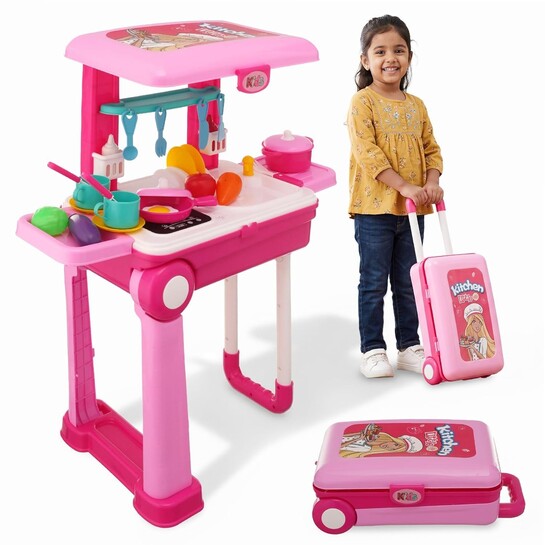 [Gift Idea]  Kitchen Play Set for Kids 3–8 Yrs | Light & Sound Portable Suitcase Toy Kitchen | 28 Pieces Pretend Cooking Accessories, Stove, Pots, Pans & Play Food