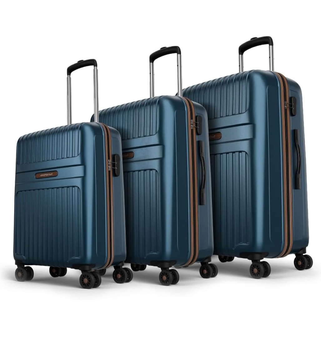 Aristocrat Atlas Set of 3 (Cabin+Medium+Large) Hard Case Trolley Bags, Blue 8-Wheels, Durable Case, Spacious, Combination Lock, Sturdy Zipper, Lightweight Travel Luggage, 3-Year Global Warranty