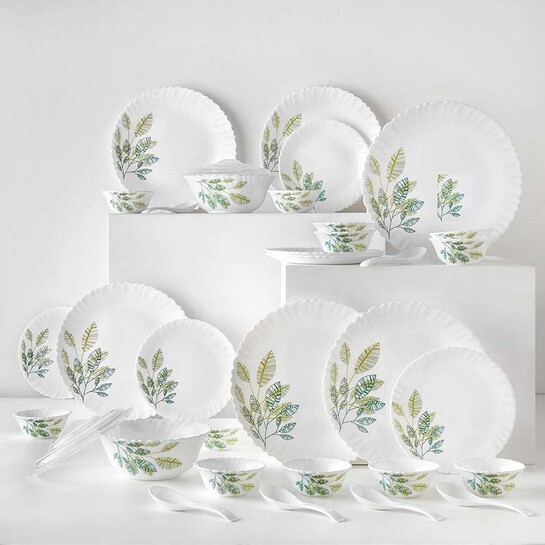 [Sold Out] Larah by Borosil Pack of 34 Opalware Galaxy Fauna Crockey for Dining & Gifting, Plate & Bowl Dinner Set (Green, Microwave Safe) (Location Specific)