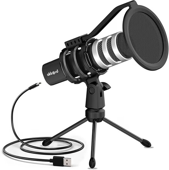 Akkord USB Microphone with Tripod Stand – 192kHz/24Bit Cardioid Condenser Mic, 9.7mm Diaphragm, Plug & Play