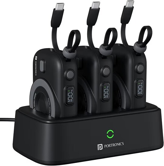 Portronics Power Shutter Home 3 x 10000mAh Fast Charging Wireless Powerbank with Charging Station, 22.5W Wired Output, 15W Wireless Output 