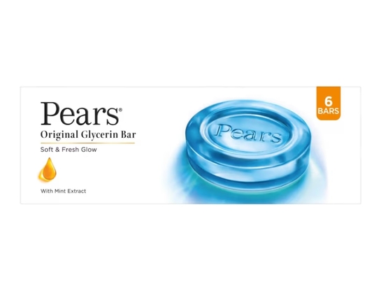 Pears Original Glycerin Soap Bar | 125 gms x 6 - Soft & Fresh Glow | With 98% Pure Glycerin & Mint Extract | For a Fresh Glow | With Plant Based Cleanser for Skin & Body | Paraben-free