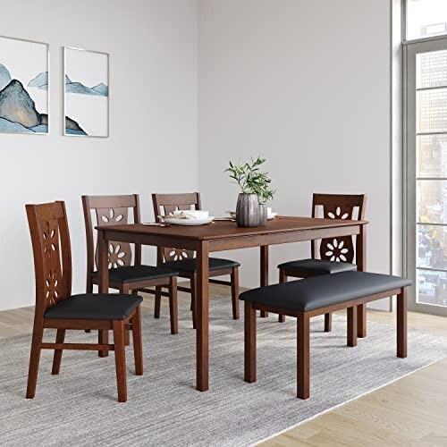 @home By Nilkamal Rigel 6 Setaer Solid Wood Dining Set with Chairs & Bench in Dark 