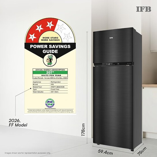IFB 331L 3 Star 12-in-1 Convertible, Advanced Inverter Frost-Free Double Door Refrigerator (2026, IFBFF-383CYKSETU, Metal Black