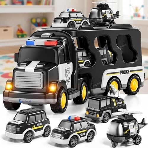 GRAPHENE 5 in 1 Friction Powered Police Truck Toy Car Set for Boy 3-10 Years Transport Vehicle Montessori Carrier Educational Light Music Pullback Monster Truck Mini Helicopter Taxi Playset Gift