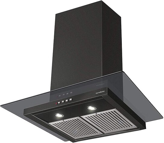 Eurodomo 60 cm 1200 m³/hr straight glass Kitchen Chimney (HOOD MARBLE PB BK 60 (EURODOMO), Baffle Filter, Black)