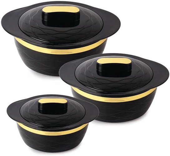 Cello Gold Crust Insulated Casserole Set of 3, (500ml, 1000ml, 1500ml) Black | Double Walled, PU Insulated |