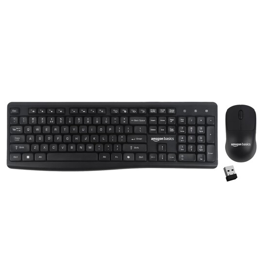 Amazon Basics Wireless Keyboard and Mouse Combo | 2.4GHz Wireless | Full-Size 104-Key Keyboard with ₹ Key | Low-Noise Typing | Compact Ergonomic Mouse | USB Receiver | Windows XP 7 8 10 11
