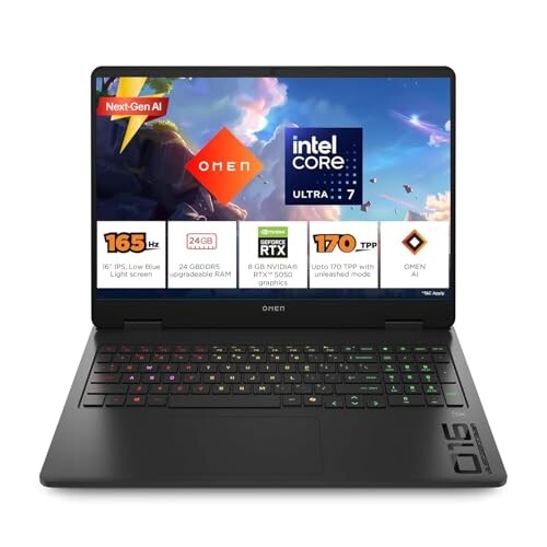 HP Omen 16, Intel Core Ultra 7 255H, 8GB RTX 5050, 24GB DDR5(Upgradeable) 1TB SSD,Black, Xbox Gamepas* RGB Gaming Laptop