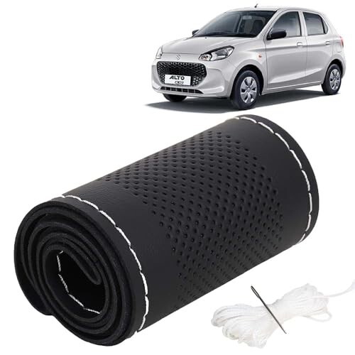 KINGSWAY® PU Leatherite Car Steering Cover Sewable Compatible with Maruti Suzuki Alto K10 (Year 2022 Onwards), Black Color with Silver Thread, Pack of 1 with Sewing Needle and Thread