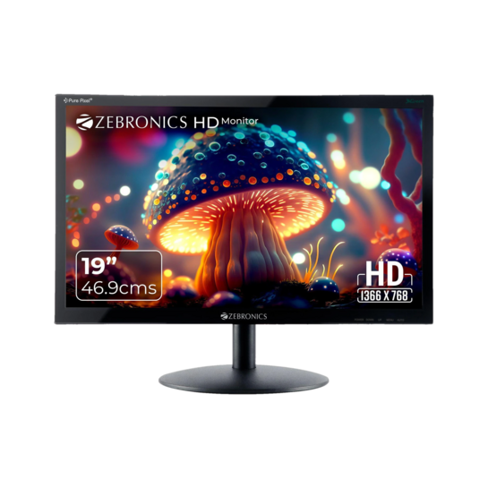 ZEBRONICS 46.99 cm (19 inch) HD LED Backlit TN Panel HDMI, VGA Input, HD 1366 x 768, 16.7M Colors, Glossy Panel, Slim Design, Wall Mountable Monitor (ZEB-V19HD LED) (Response Time: 8 ms, 60 Hz Refresh Rate)