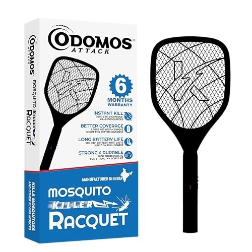 Odomos Attack Anti - Mosquito Rechargeable Racquet | 400mAH Battery | Large Net Area for Better Coverage| 6 Months Warranty (Black)