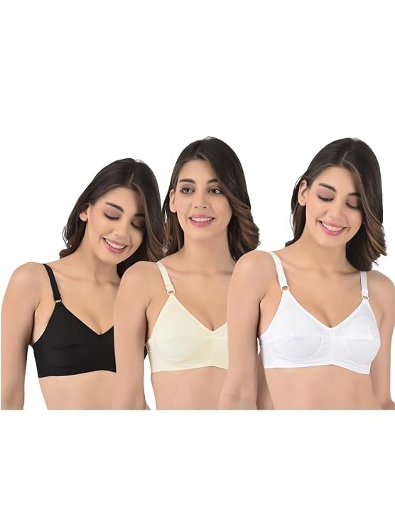 (Pack Of 3) Softline Women's 100% Cotton Wire-Free Non-Padded B-Cup Bra Combo