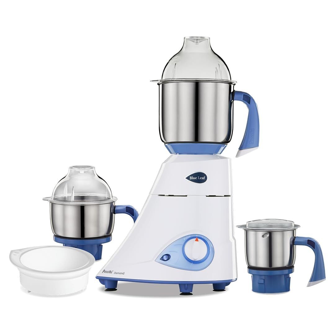 Preethi Diamond 750 Watts Mixer Grinder, 3 Jars (Stainless Steel) + Flexi Lid, White