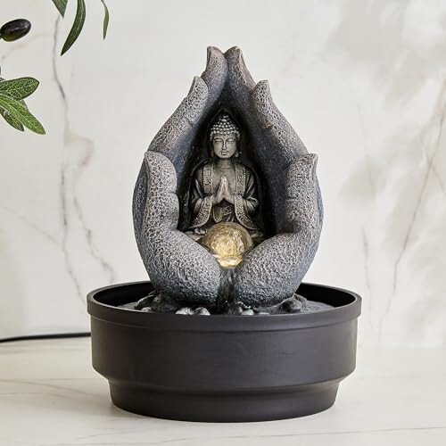 Home Centre Alpine Modern Polyresin Buddha in Palm Water Fountain - 22x27cm [Apply 20% Coupon]