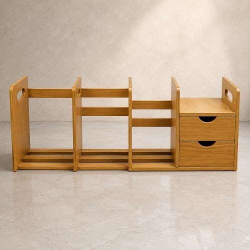 Expandable Wooden Desk Organizer with 2 Drawers Adjustable Desktop Bookshelf Office