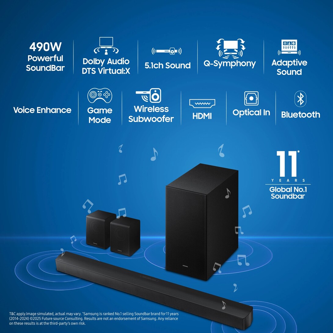 Samsung  490 W Bluetooth Soundbar Dolby Digital and DTS Virtual-X, Q-Symphony (Black, 5.1 Channel)
