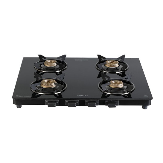 Havells GEOSLIM Gas stove |4 Heavy Duty Forged Brass Burner|6 mm Toughened Glass|Premium Valves|Removable Drip Tray|Soft Touch Knobs|5 year Warranty on Burners, Glass & Valves by Havells (Black)