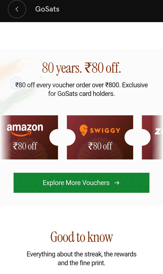 Gosats - get 80 rs off on 800rs Flipkart/ ASV/ SWIGGY/ZOMATO Gift card 