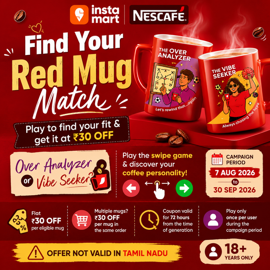InstaMart x Nescafé: Play & Get ₹30 OFF on Matching Red Mugs