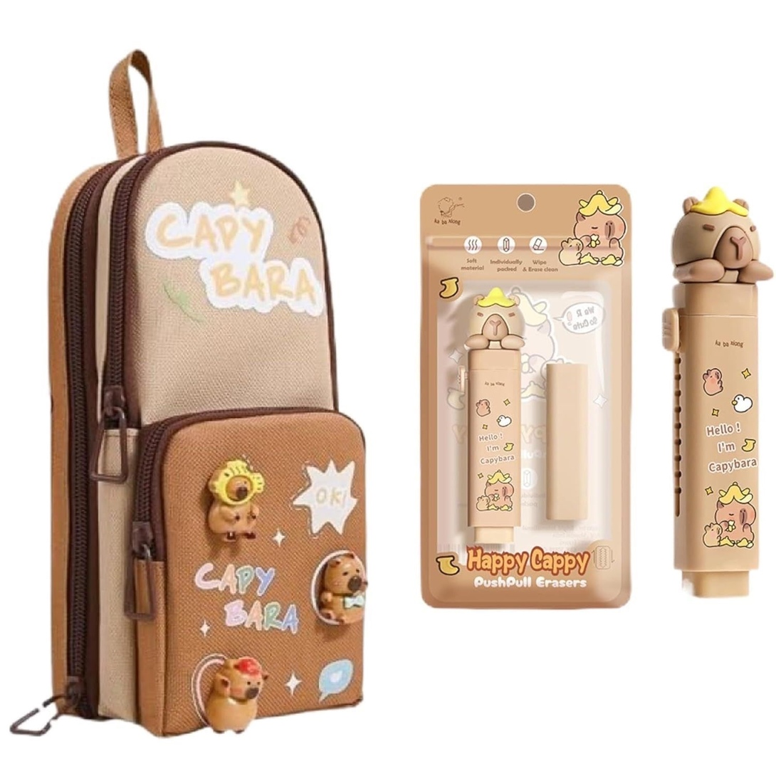 Capybara Pencil Pouch with Eraser | 11 Pockets | Large Capacity | Waterproof | School Supplies