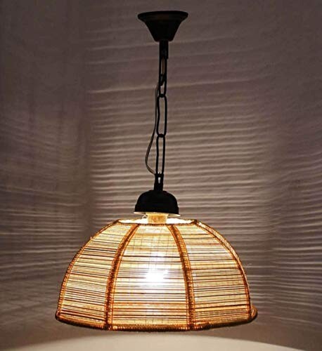 tu casa Offwhite Bamboo Shade with Black Metal-Iron Base Hanging Lamps/Pendent Light | Modern Pendant Ceiling Lamp for Home, Café, Restaurant, Bar & Office Décor (Height- Inch/No Blub Included)
